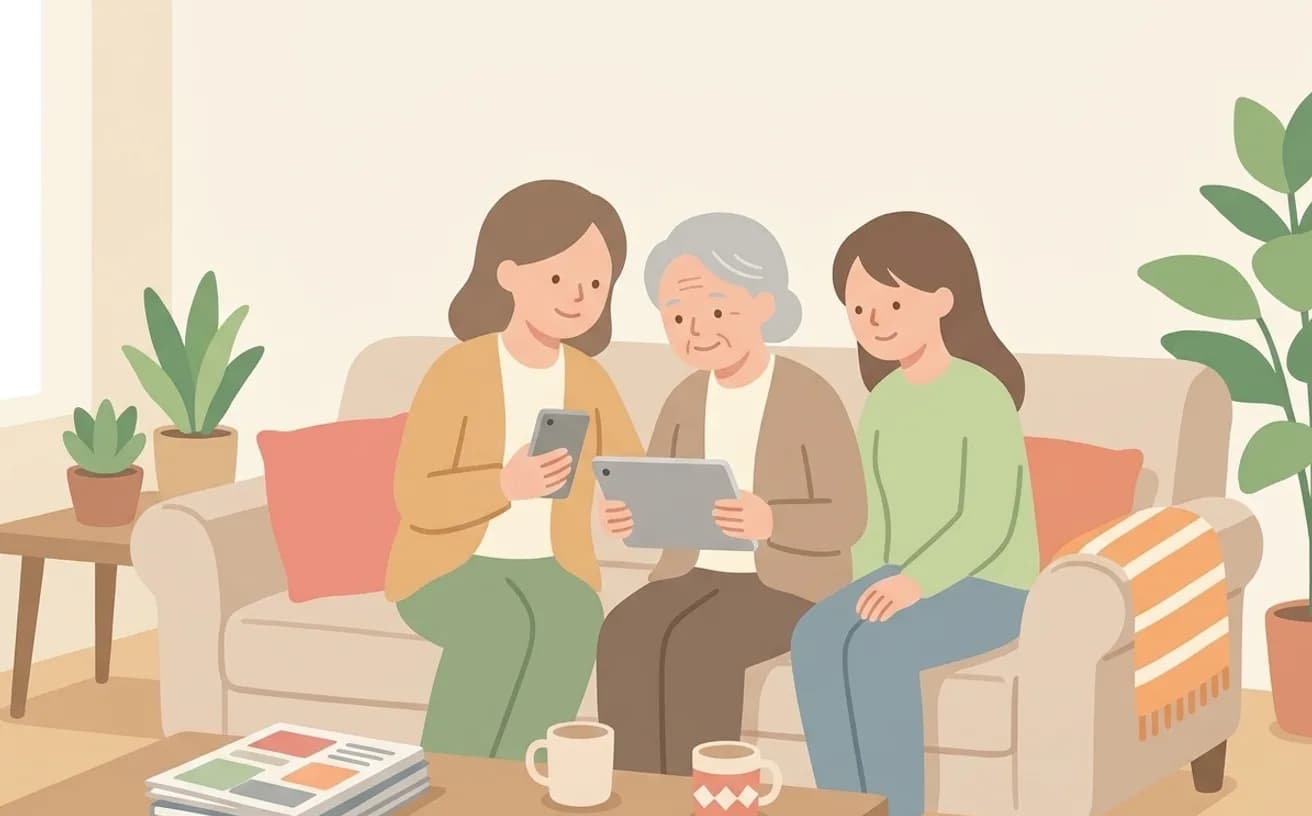 介護ほうもんさーちの使い方ガイドを表すイラスト